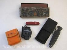 Assorted Knives and Accessories including Wet Stone, Swiss Army Knife, Novo Log Advertising Compass