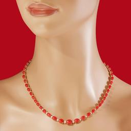 18K Gold 30.61ct Coral 1.35ct Diamond Necklace