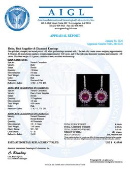 14K Gold 6.04ct Ruby, 4.80ct Pink Sapphire, 1.48ct Diamond Earrings