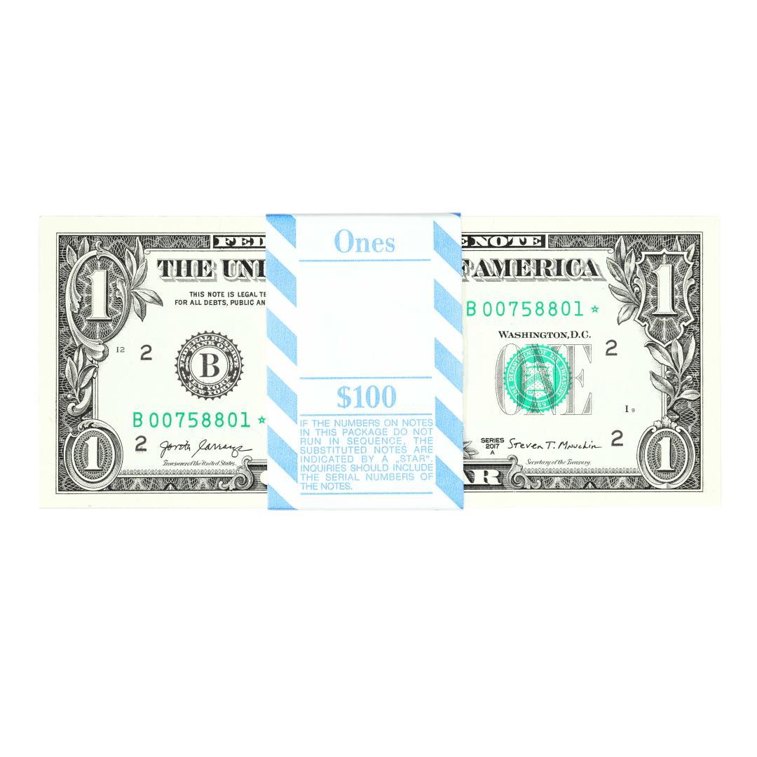 Pack of (100) Consecutive 2017A $1 Federal Reserve Star Notes New York