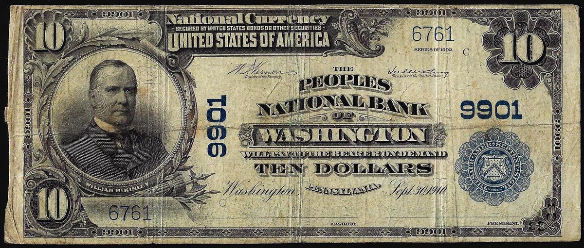 1902PB $10 Peoples NB of Washington, PA CH# 9901 National Currency Note
