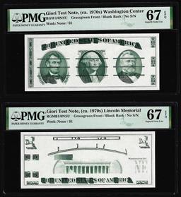 Set of Giori Test Note Washington & Lincoln Memorial PMG Superb Gem Unc 67EPQ