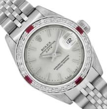 Rolex Ladies Stainless Steel Ruby and Diamond Date Wristwatch With Rolex Box