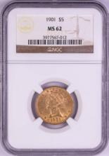 1901 $5 Liberty Head Half Eagle Gold Coin NGC MS62