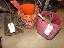 Wood Tool Box and Bucket of Tire Chain Cross Links with Large Chain Tool an