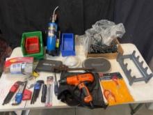 Lot of tools including Torch, pipe wrench, B&D drill, Hex keys, tent anchors plus