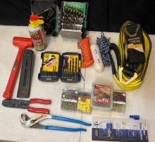 Tools including Hitachi Drill bit set, Irwin, tow straps. rope, plus