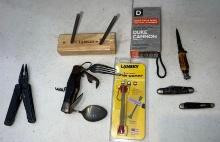 primitive knife, leatherman, soap, sharpener, camping utility tool