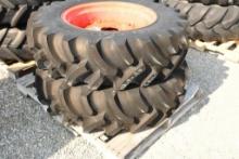 TWO TITAN 12.4-24 TIRES & RIMS WITH 6 BOLT CENTERS (UNUSED)