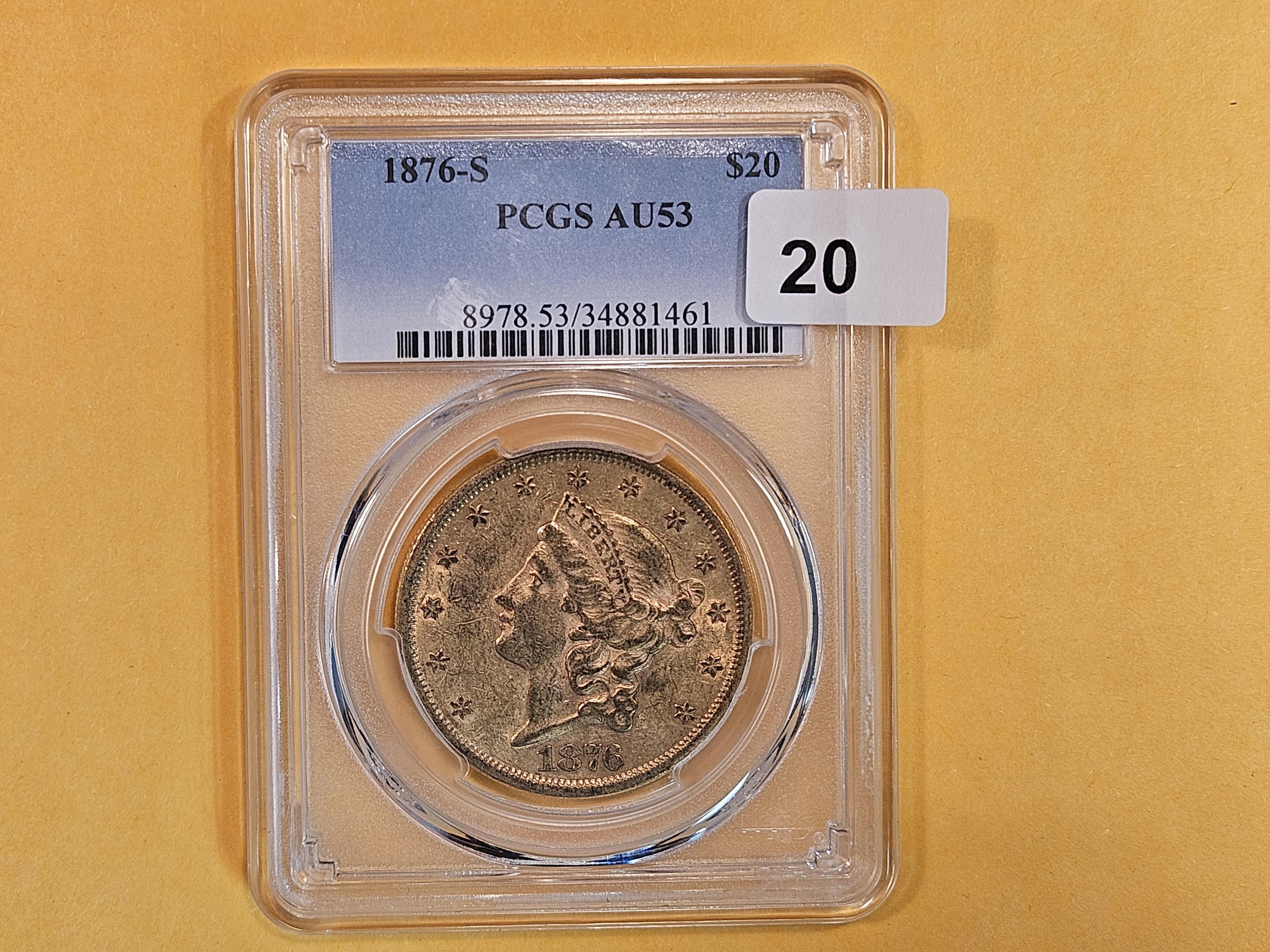 GOLD! PCGS 1876-S Twenty Dollar Liberty Head in Bright About Uncirculated - 53