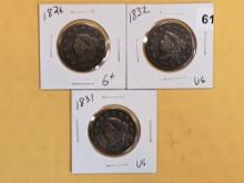 Three Coronet Head large Cents in Good plus to Very Good
