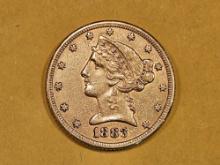 GOLD! About Uncirculated 1883 Gold Liberty head Five Dollars