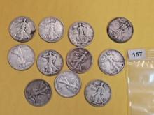 Eleven Mixed Silver Walking Liberty Half Dollars