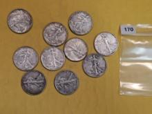 Ten mixed silver Walking Liberty Half Dollars