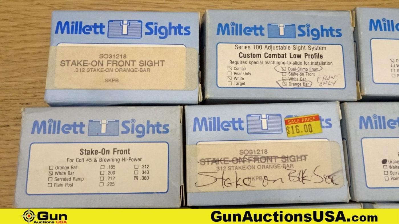 Millett Sights. Like New. Lot of 10; 8 Stake on Front Sight, 1 Custom Combat Sight, 1- Empty Box for