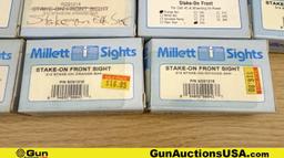 Millett Sights. Like New. Lot of 10; 8 Stake on Front Sight, 1 Custom Combat Sight, 1- Empty Box for