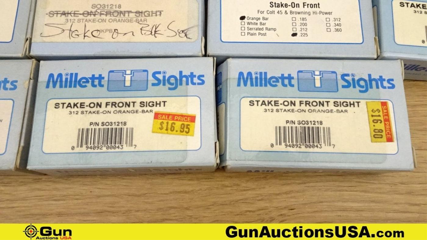 Millett Sights. Like New. Lot of 10; 8 Stake on Front Sight, 1 Custom Combat Sight, 1- Empty Box for