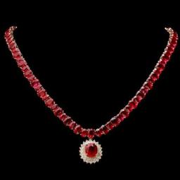 14K Yelloow Gold 102.37ct Ruby and 1.61ct Diamond Necklace