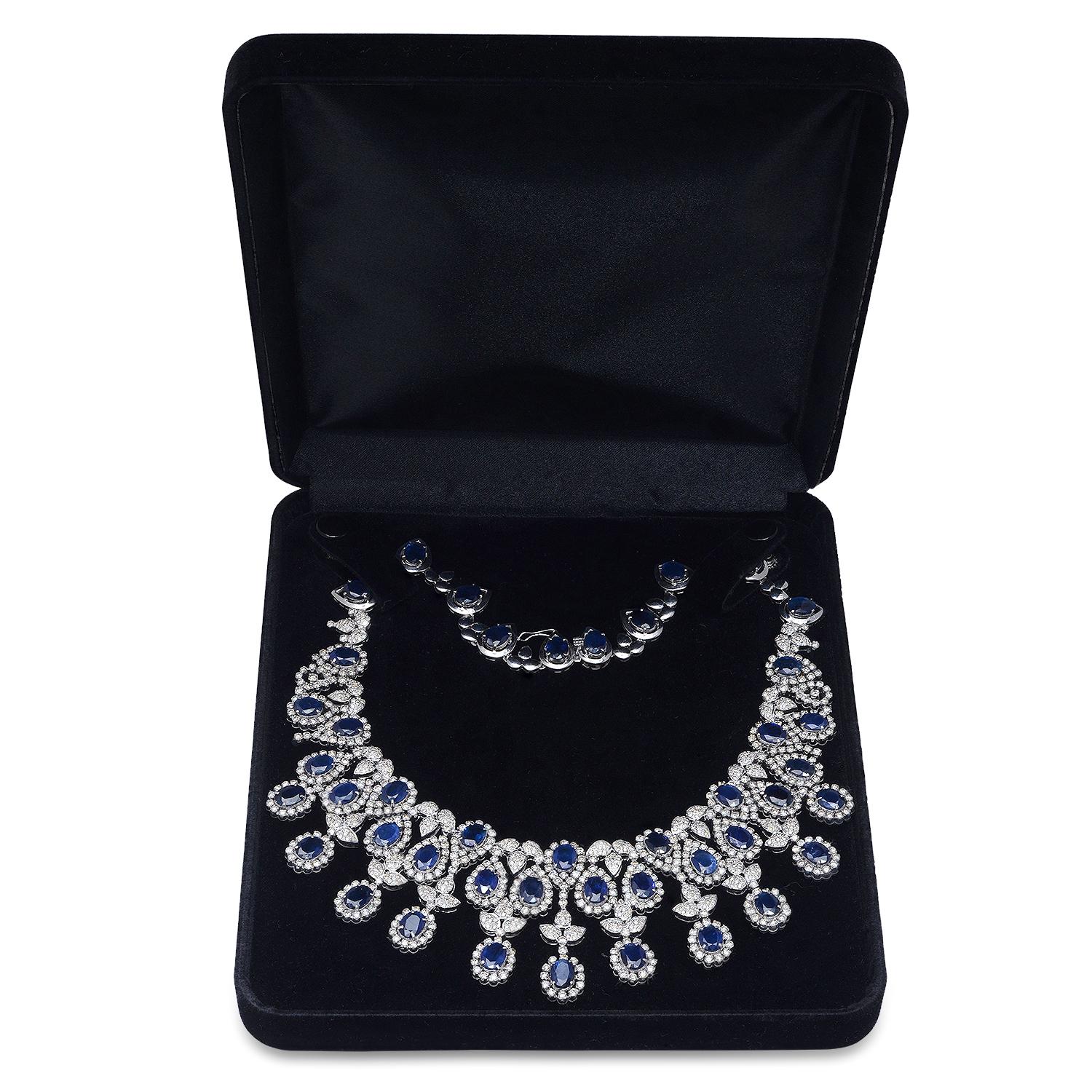 18K White Gold 75.40ct Sapphire and 17.95ct Diamond Necklace and Earring Set