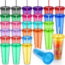 Suclain 30 Pack Acrylic Tumblers with Lids and Straws, Colored, 22 oz, 15 Colors, Retail $50.00