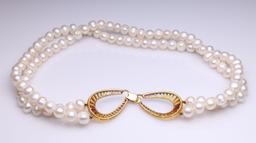 Double Strand Pearl Necklace With 14K Yellow Gold & Graduated Tourmaline Clasp