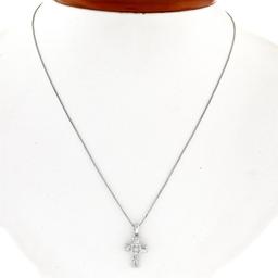 Petite 18K White Gold .37 ctw Round & Baguette Cut Diamond Cross Pendant w/ Chai