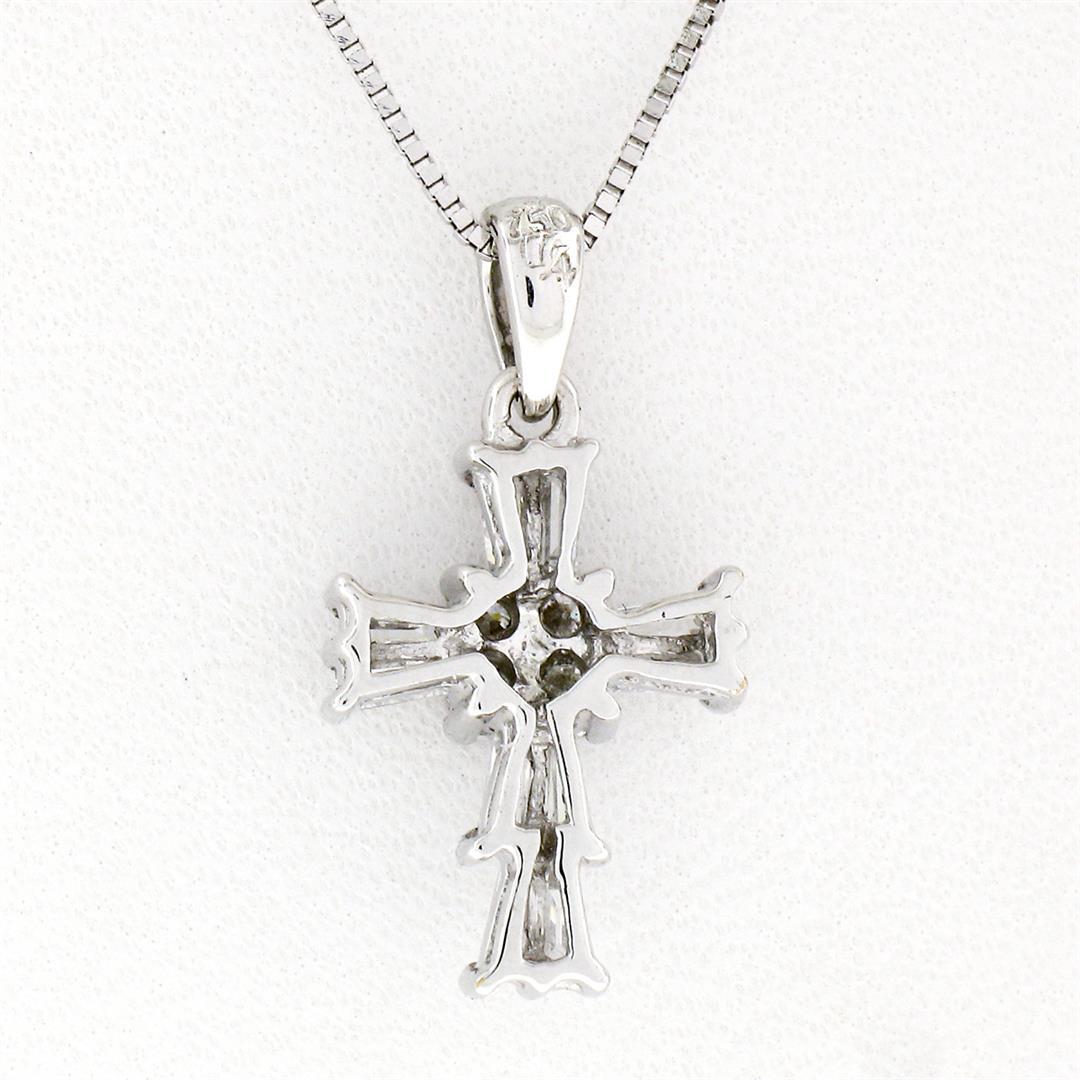 Petite 18K White Gold .37 ctw Round & Baguette Cut Diamond Cross Pendant w/ Chai