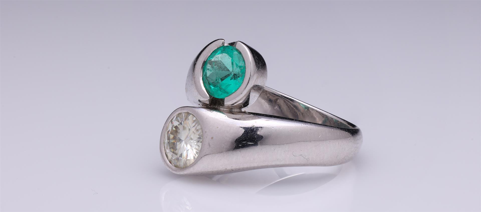 18k White Gold Moissanite & Emerald Crossover Ring by Carlo Rici