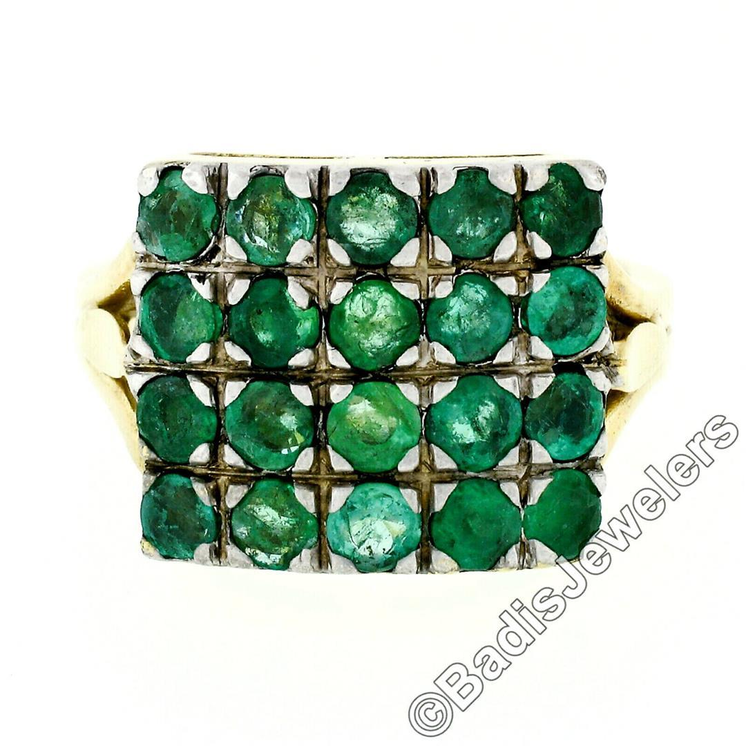 Vintage 14k Gold & Silver Top Round Green Emerald Rectangular Large Platter Ring