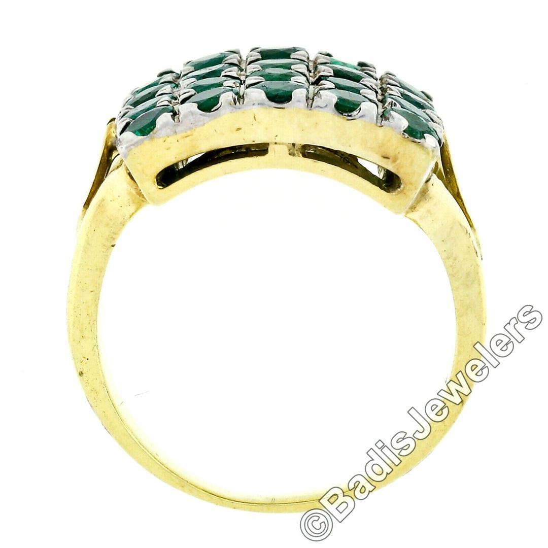 Vintage 14k Gold & Silver Top Round Green Emerald Rectangular Large Platter Ring