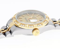 Rolex Ladies Quickset 2T 18K & Steel Champagne Index Dial Diamond Pyramid Bezel