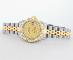 Rolex Ladies Quickset 2T 18K & Steel Champagne Index Dial Diamond Pyramid Bezel