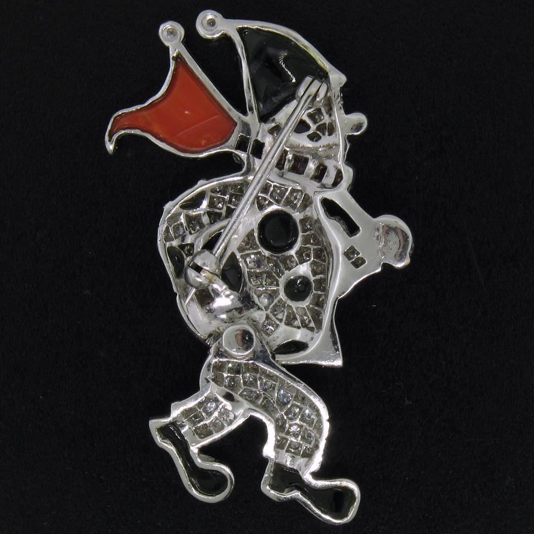 Vintage 18k White Gold Diamond Black Onyx and Coral Clown Brooch Pin