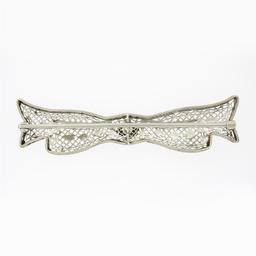 Antique Art Deco 14k White Gold European Diamond Open Filigree Bow Pin Brooch