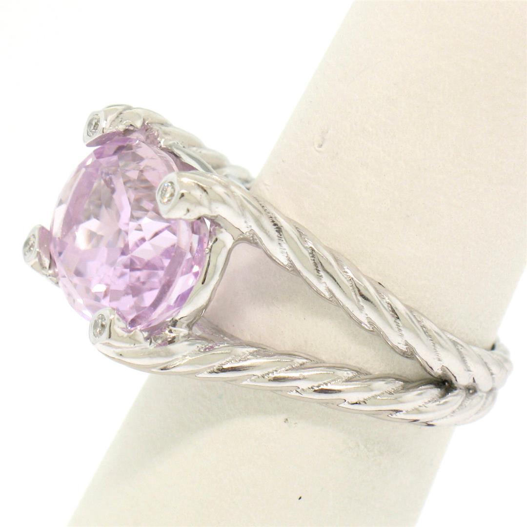 14k White Gold Twisted Cable 8.5 ctw Oval Kunzite Solitaire Ring 4 Diamond Accen