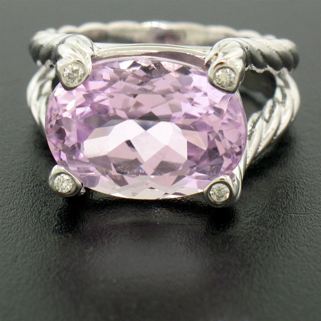 14k White Gold Twisted Cable 8.5 ctw Oval Kunzite Solitaire Ring 4 Diamond Accen