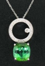 NEW 18k Gold 3.85 ctw Fiery Blue Green Tourmaline & Diamond Dangle Pendant & Cha