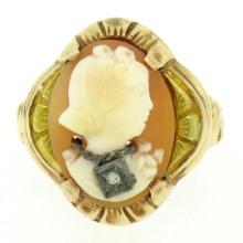 Antique 10k Rose and Green Gold Carved Cameo and Diamond Ring