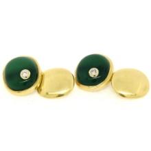 Manfredi 18k Yellow Gold Cabochon Green Chrysoprase & Diamond Men's Cuff Links