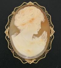 Vintage 14K Rose Gold Large Carved Shell Cameo Wavy Filigree Open Work Frame