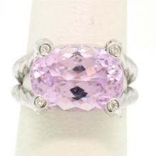 14k White Gold Twisted Cable 8.5 ctw Oval Kunzite Solitaire Ring 4 Diamond Accen