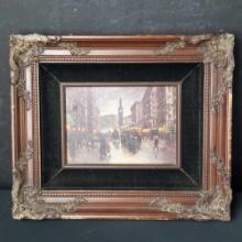 Framed artwork oil/canvas street trolly clock tower