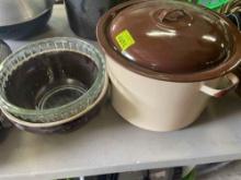 vintage enamel metal stock pot, glass bowl, ceramic bowl