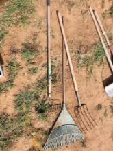 Garden tools, rake, pitchfork, plastic rake