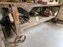 wooden shop bench on steel casters