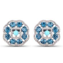Stylish Blue Topaz, Turquoise and Diamond Earrings