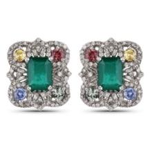 Emerald, Multi-Sapphire, and Diamond Earrings