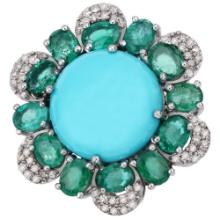 Turquoise Dome Ring with Emerald and Diamond Frame