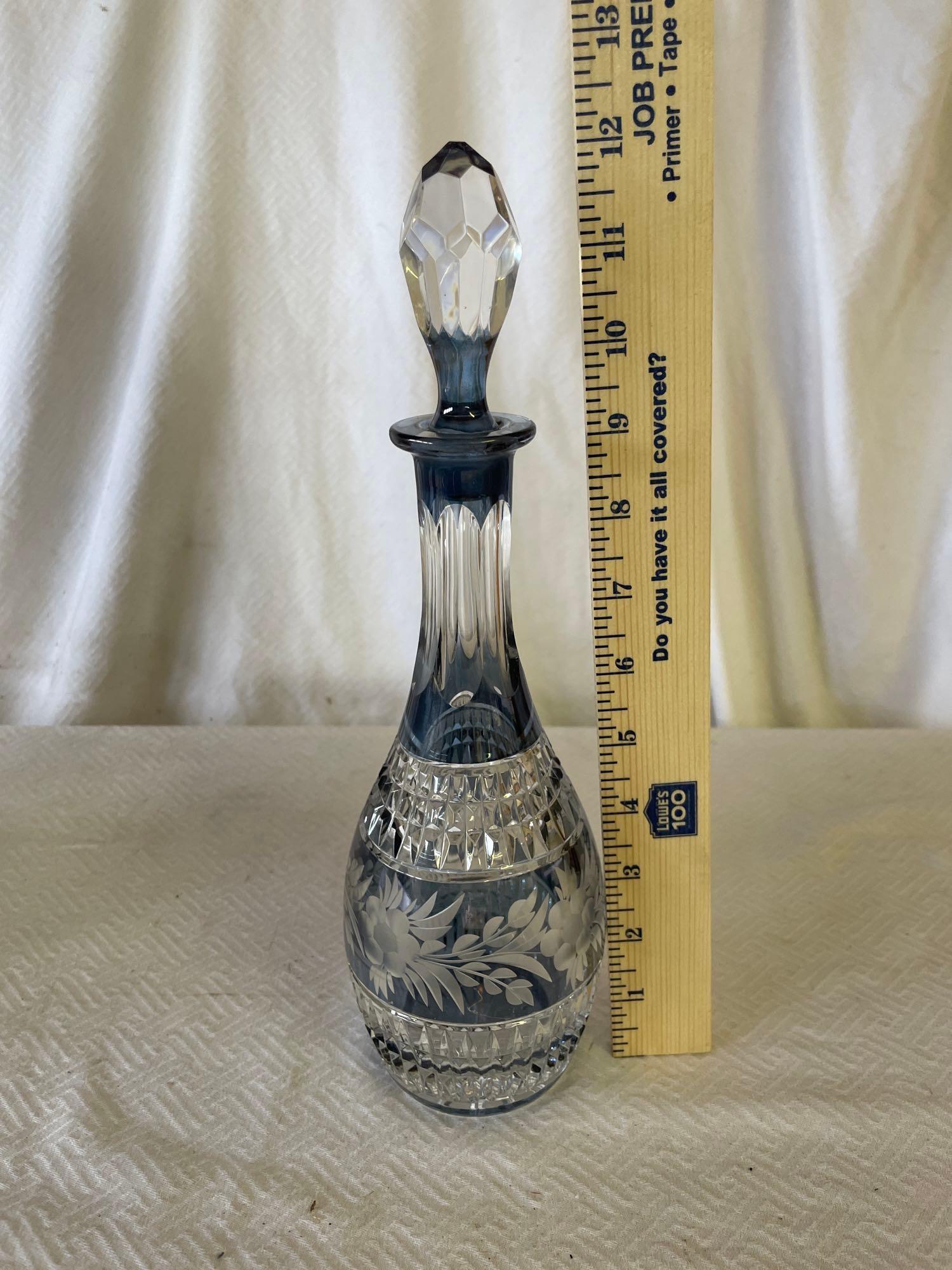 Vintage Cut To Clear Blue Glass Decanter