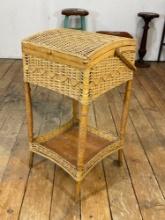 Wicker standing sewing basket w/ assorted sewing material